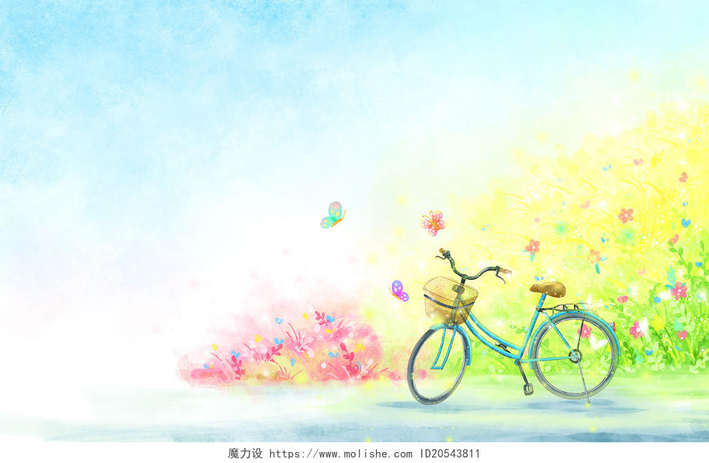 水彩插画风景背景手绘清新场景草丛花丛蝴蝶自行车蓝天绿地水彩卡通